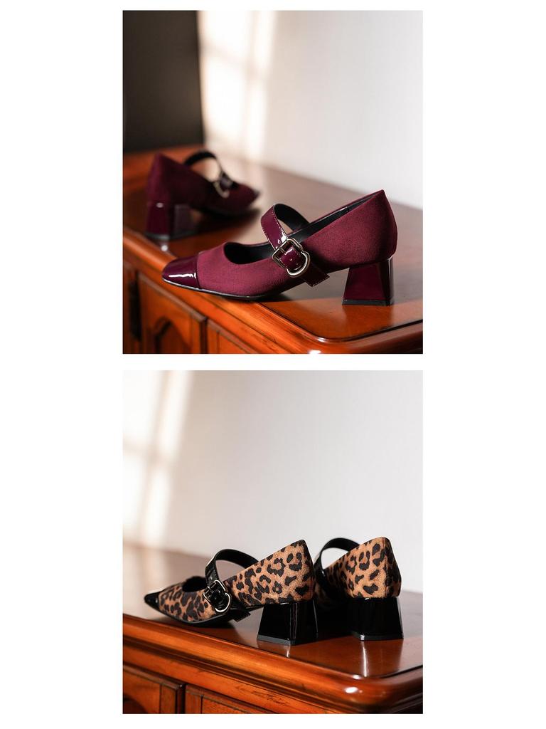 Leopard Print Cashmere Patchwork Square Toe Chunky Heel Mary Jane Shoes with Ankle Strap for Women - Spring/Autumn Retro Style.