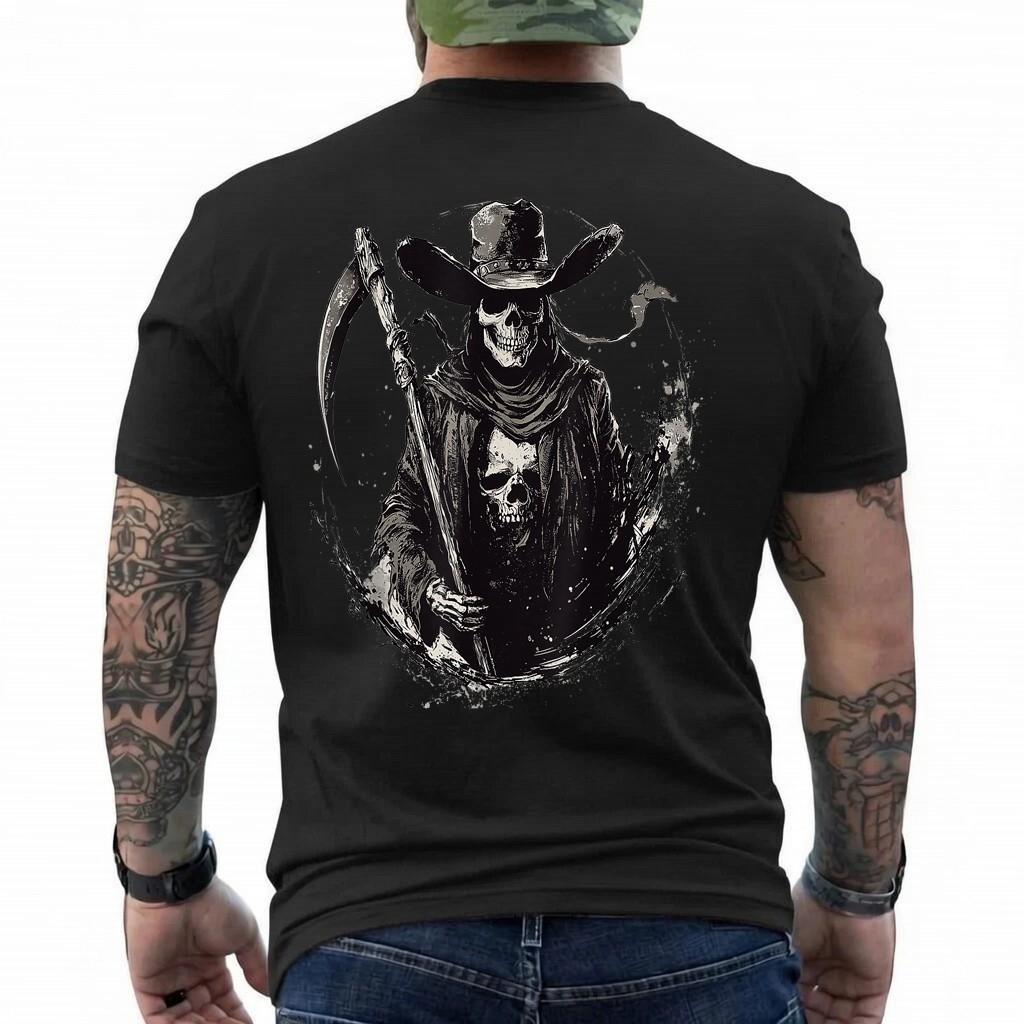 Western Grim Reaper Cowboy Wearing Hat Scythe Skull Art T-Shirt 4XL