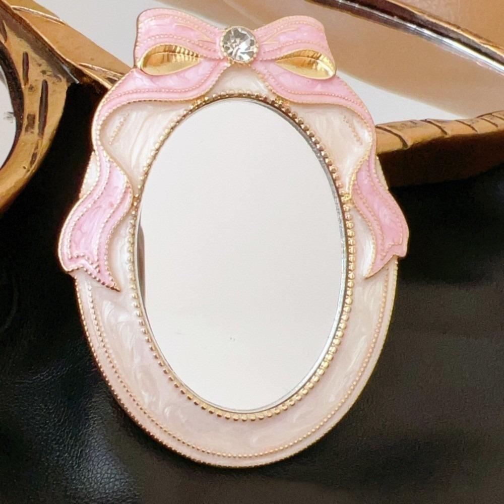 Mini Enamel Makeup Mirror Metal Frame Crystal Bow Mirror Lolita Embossment Mirror  Student Use