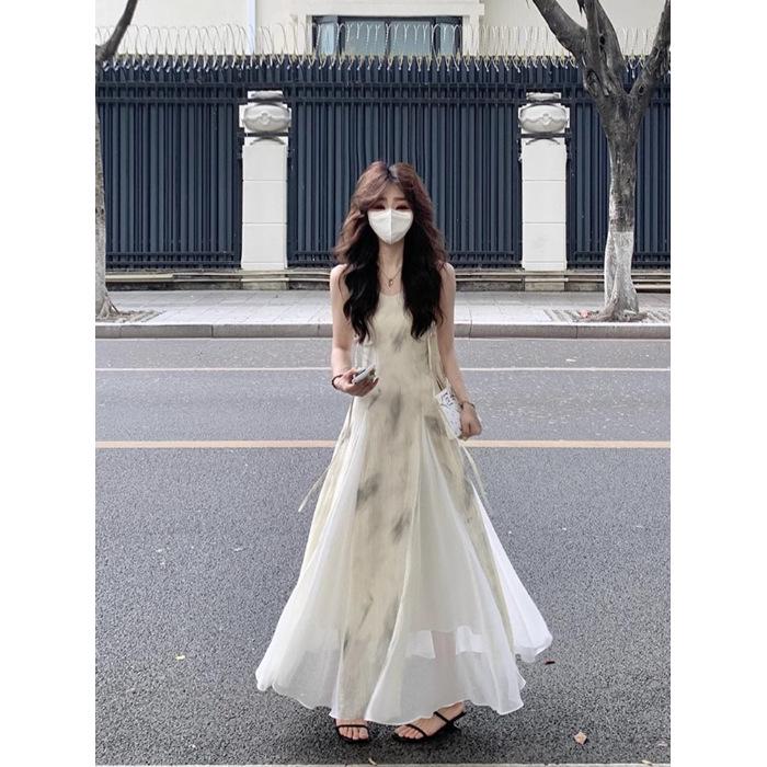 

Ретро Платье А-силуэта на тонких бретелях с принтом тушью: Женский летний стройнящий стиль Small