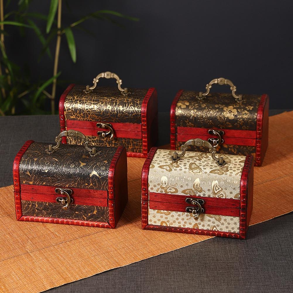 1Pcs Vintage Jacquard Wooden Storage Box Antique Jewelry Organizer Portable Handled Jewelry And Small Trinkets Storage Case