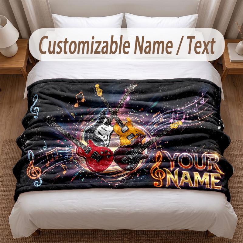 Music Guitar Theme Soft Blanket Personalized Custom Name Text Print Warm Blanket Home Sofa Bedroom Decor