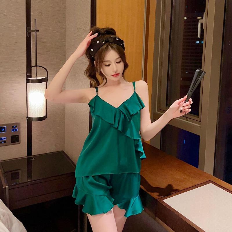 Sexy pajamas women's ice silk summer suspender shorts two-piece set with chest pad pure desire style new loungewear available