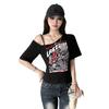 Gothic T-Shirt Y2k Buchstabenprint Off-Shoulder Punk T-Shirts Damen Harajuku Sommer Streetwear Grunge T-Shirt Ästhetische Sexy Crop Tops