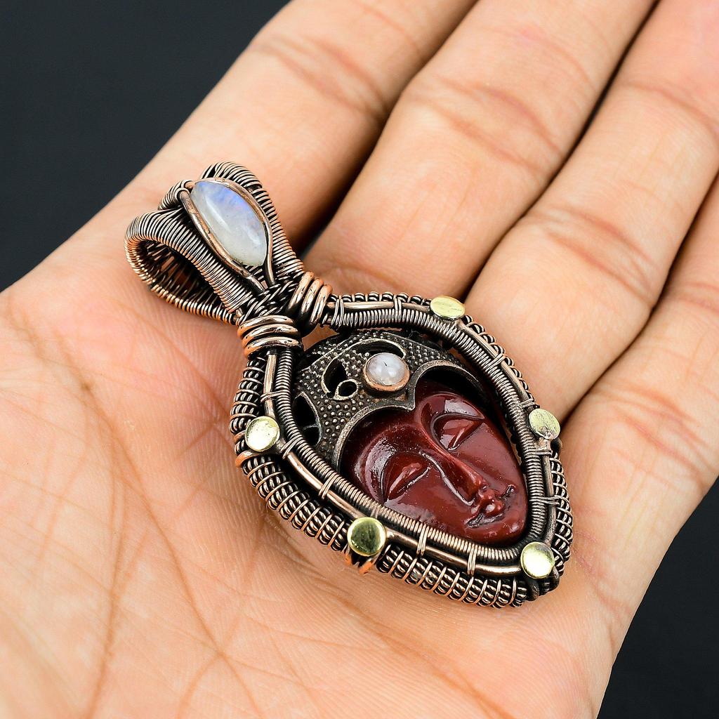 Red Carved Bone Face Gemstone Copper Wire Wrap Pendant Jewelry Gift For Her