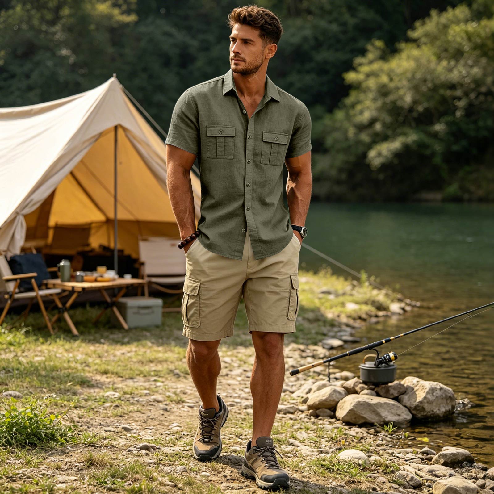 Men s Short Sleeve Work Shirt with Two Pockets Cotton Linen for Casual Everyday Wear L