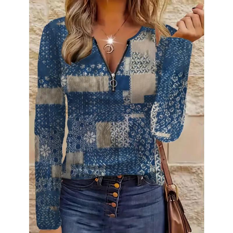 Elegantes Damenoberteil mit Reißverschluss und Print, langärmelig, stilvoll und vielseitig für Herbst und Winter, Freizeit- und Bürokleidung, maschinenwaschbar