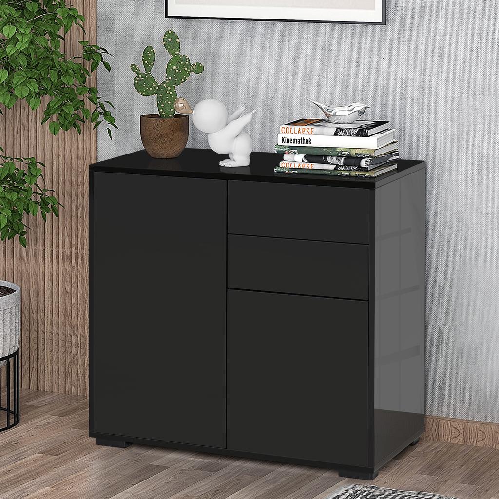High Gloss Frame Sideboard, Push-Open Design with 2 Drawers for Living Room, Bedroom, 74H X 79W X 36Dcm, Black