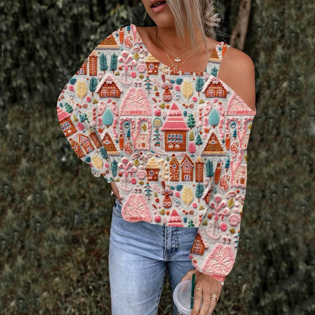 Women's Hollowed Out Fashionable Casual Floral Print Off Shoulder Hoodie Top Christmas
