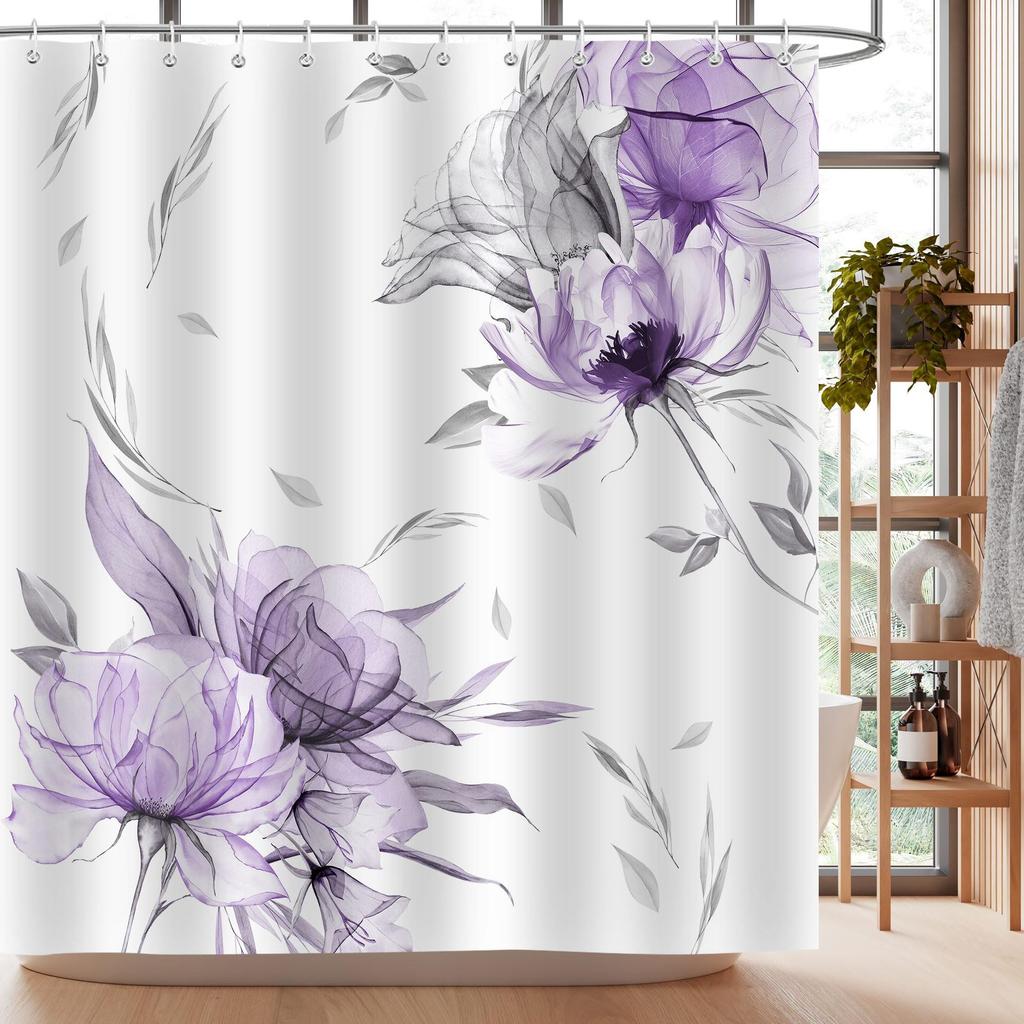 Rideau de douche floral violet gris fleur Ensemble de rideaux de salle de bain Rideau de douche rustique ferme bohème avec crochet