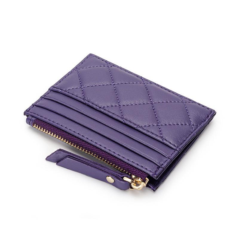 Soft Sheepskin Short Wallet Style Diamond-check Zipper Change Purse Genuine Leather Multi-card ID Bag
