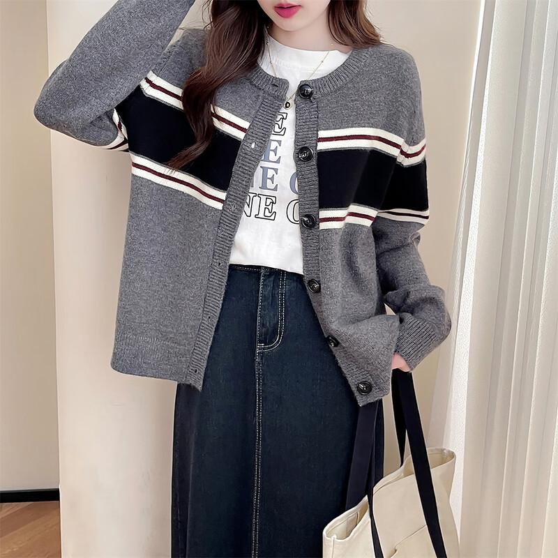 

TonLion Women s Casual Striped Round Neck Cardigan L