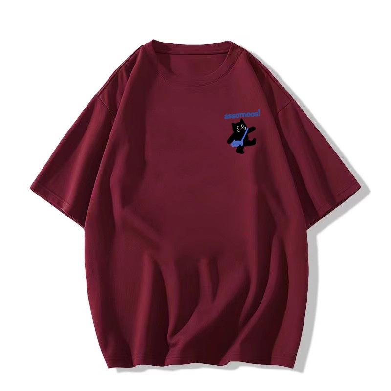 

Женская футболка белого цвета с коротким рукавом большого размера, летняя коллекция 2025 - Чистый хлопок, прямой плечевой шов, свободный крой, рукав до локтя L вино красного