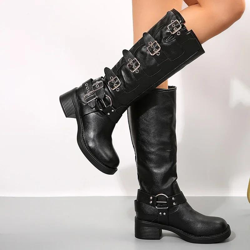 Fashion Platform Combat Boots Buckle Chuny Heel Buckle Vintage Fashion Casual Luxury Designer Western Mid Calf Boots Shoes Woman Botas