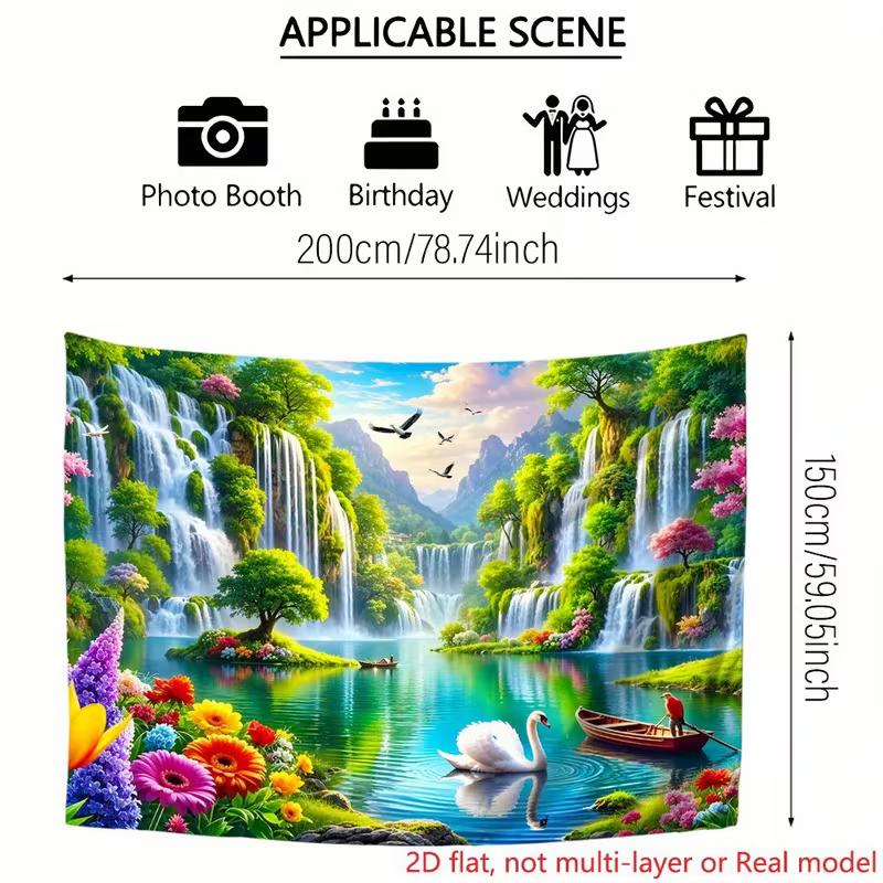 2D Fairy Lake Waterfall Backdrop Colorful Flowers Swan Tapestry for Festival Decoration