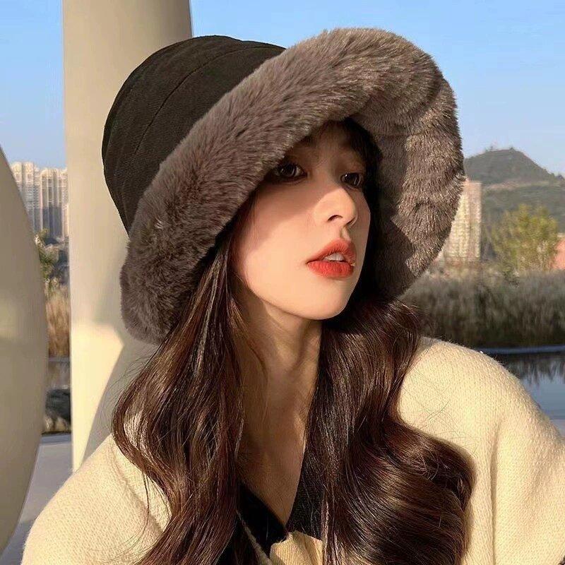 Fashion Fluffy Fur Bucket Hat for Women Winter Thick Warm Panama Fisherman Hat Girls Vintage Soft Plush Basin Cap