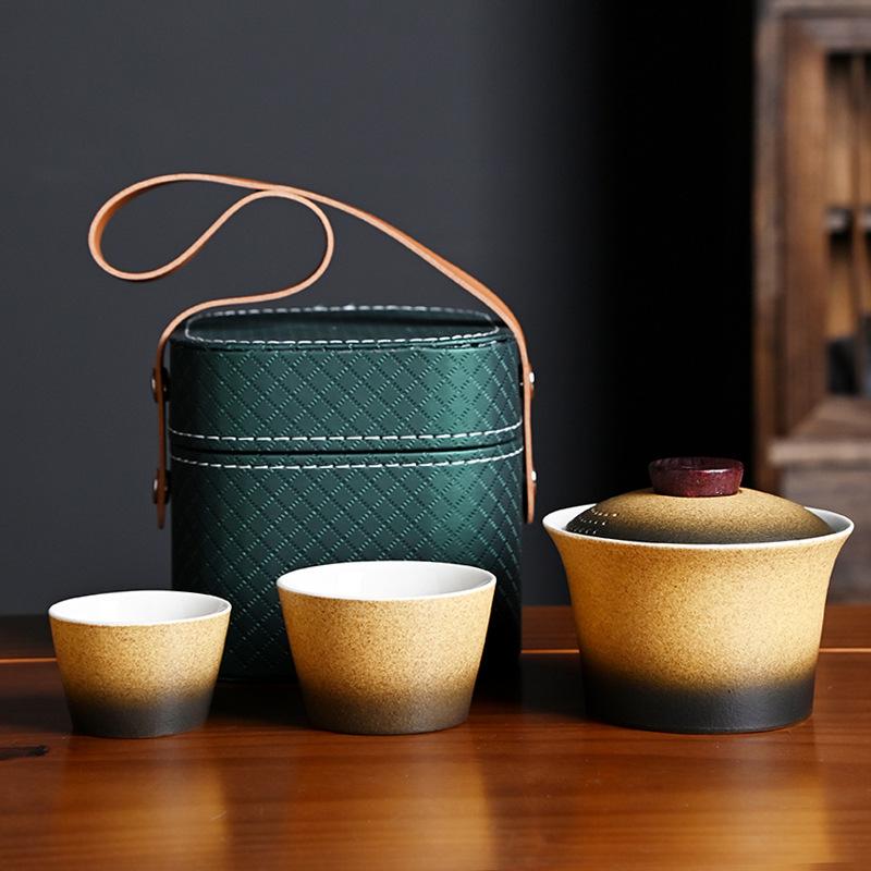 

Gradual change glaze portable express cup travel outdoor tea set cover bowl gift handy gift leather bag small set gift