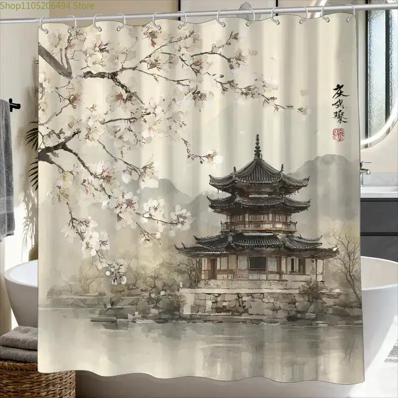 1pc of Bathroom Shower Curtain, Cherry Blossom Season Outdoor Sketch, Ink Wash Painting Festival Shower Curtain, Includes 12 H