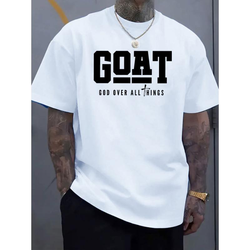 

European sizes Men s Light Blue Short-Sleeve T-Shirt with Bold GOAT GOD OVER ALL THING Print - Elastic Round Neck, Breathable Summer Fabric 4XL білий