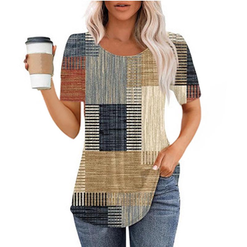 European And American Women's Tops New Style Pleated Round Neck Short-sleeved T-shirt Women's Shirt