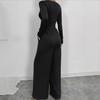 Women Deep V Ribbed Jumpsuit High Waist Ruched Wide Leg Long Sleeve Elegant Casual Jumpsuits