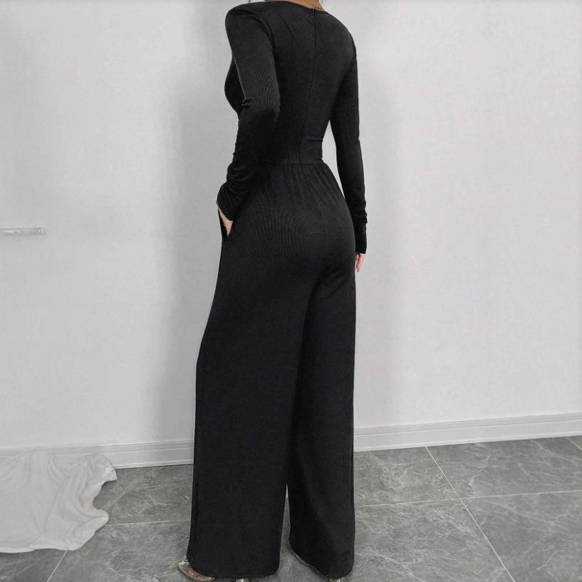 Women Deep V Ribbed Jumpsuit High Waist Ruched Wide Leg Long Sleeve Elegant Casual Jumpsuits