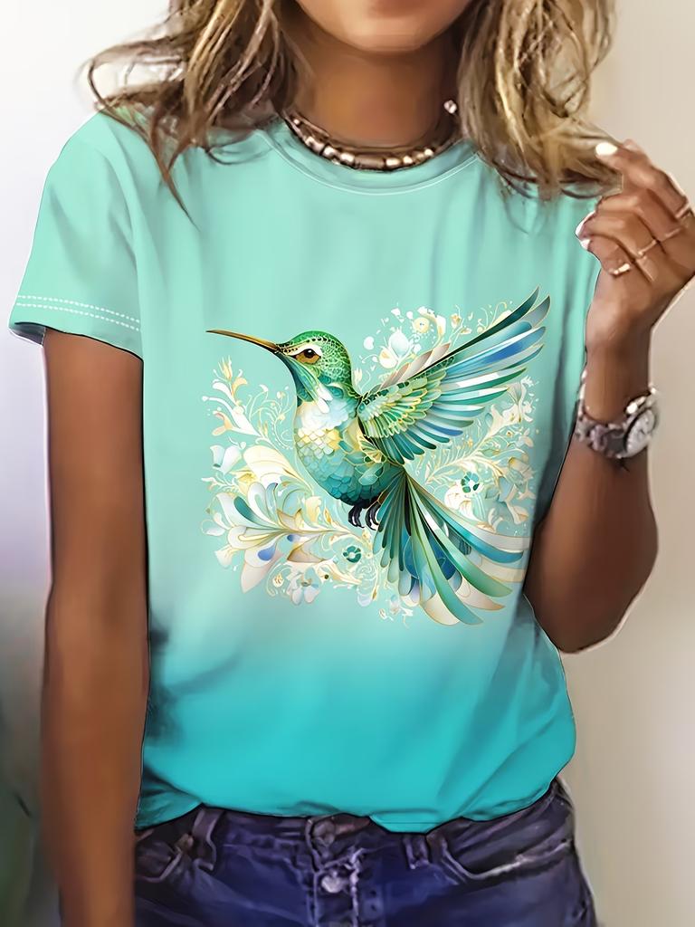 Lady Funny Tops Crew Neck Short Sleeve Vivid Peacock Print T Shirt Women's Outfits Casual Streetwear Fashion Tees Summer Clothes