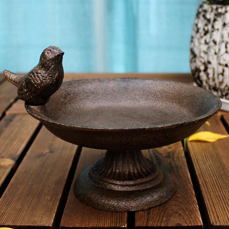 Antique Rustic Round Cast Iron Footed Bird Feeder With Bottom Base Home Garden Decor Table Heavy Metal Storage Bowl Plate Tray