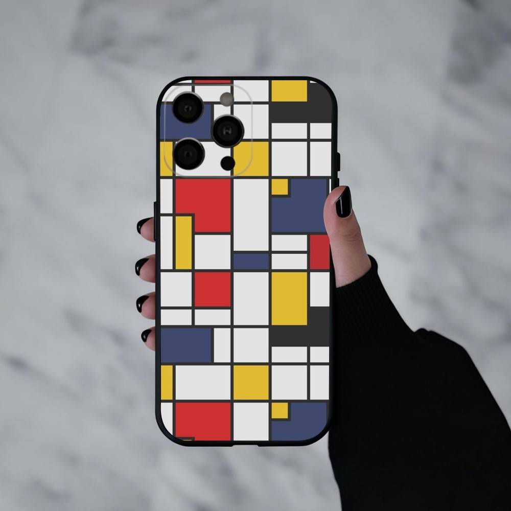 Grid T-TOPLBPCS M-Mondrian  Phone Case For iPhone 17pro,16,15,14,13,12,11 Plus,Pro Max,XS,Soft Silicone Black Cover
