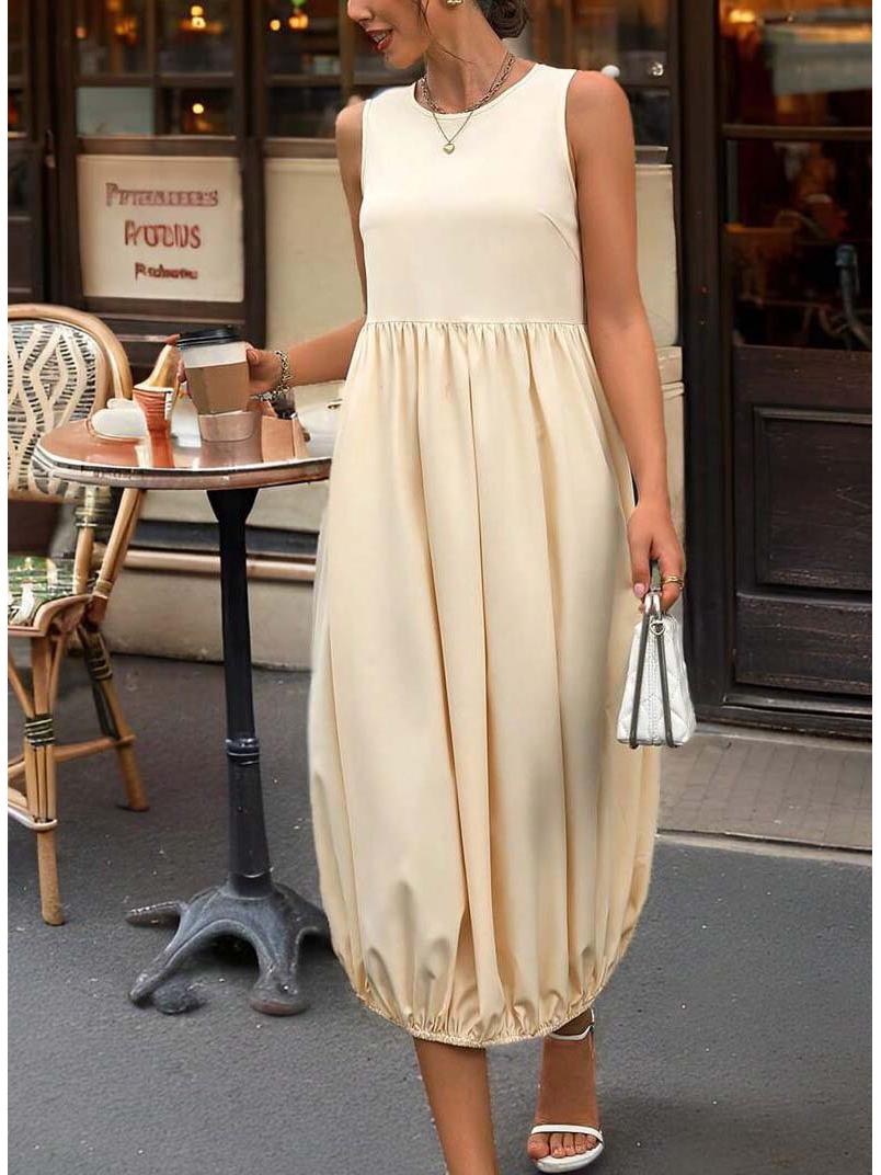 Solid Color Sleeveless Lantern Dress with Bud Hem - French Lazy Style Slimming Women s Clothing Extra Large светло-желтого