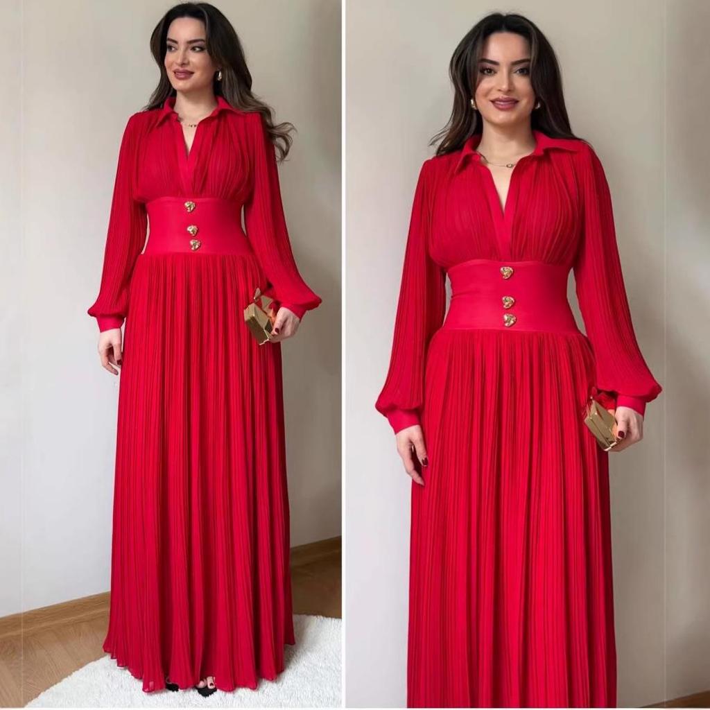 European Elegant Long-Sleeve Polo Collar Pleated Dress - Solid Color, New Style Fashion