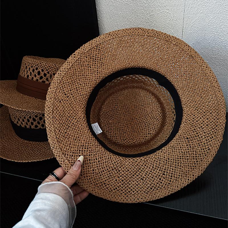 Spring Summer Vintage Hollow Out Flat Top Straw Hat Woman Sun Protection Vacation Beach Hat