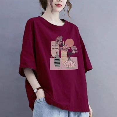 2024 Verão Novo Coreano Solto Grandes Jardas Impressão Em Torno Do Pescoço Manga Curta T-shirt Tops Femininos