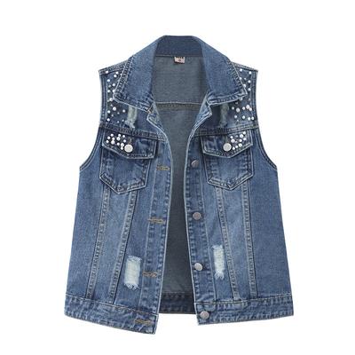 Spring All-match Beaded Denim Plus Size Women Loose Personality Fashion Vest Waistcoat Jacket Coat