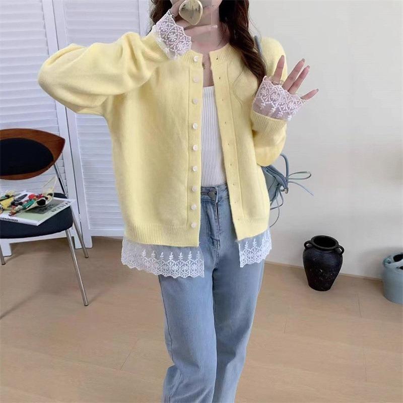 Autumn New Knitted Sweater Fashionable Versatile Splicing Lace Top Lace-up Design Cardigan Jacket Women