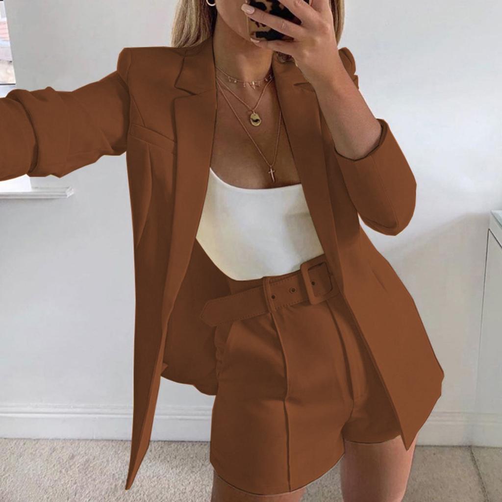 Women's Slim Fit Two Piece Suit Lapel Long Sleeve Blazer High Waist Belted Short Co-ord Outfit Set