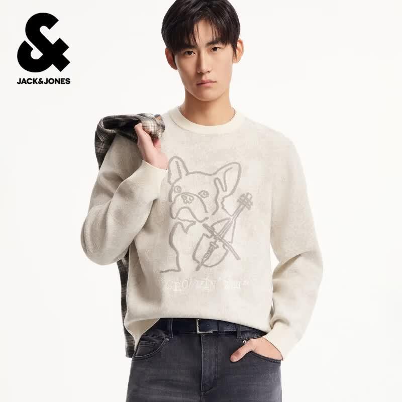 Jack & Jones Men s Ribbed Round Neck Sweater with Letter Embroidery L