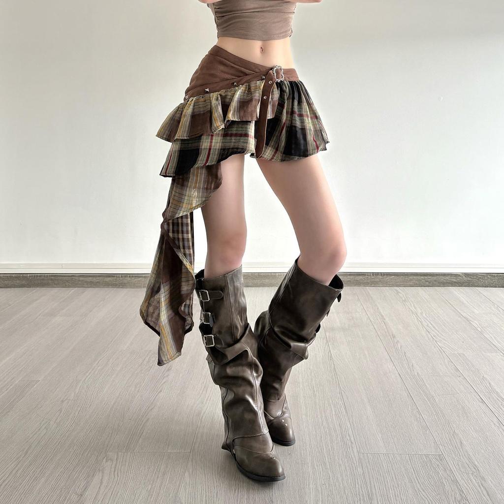 Amerikanischer Streetstyle Karomuster Patchwork Niedrig geschnittener Minirock