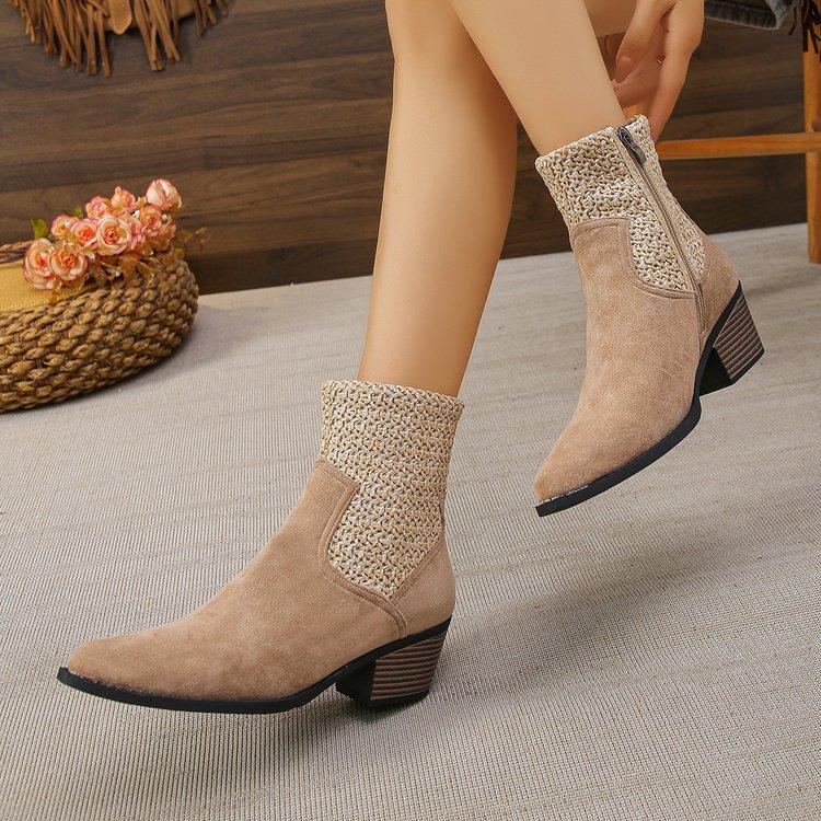 Large size pointed square heel side zipper and wind smoke boots, new autumn and winter medium women's boots
