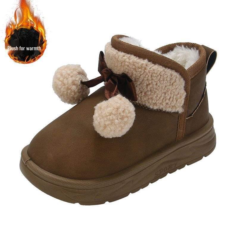 Four Seasons Girls' Velvet Snow Boots with Fur Ball Bows and Non-slip Sole.