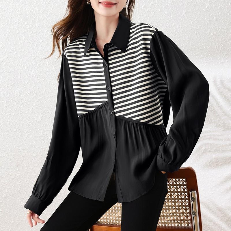 Johnature Dzianinowa koszulka polo patchworkowa Wiosna Jesień Casual Prosta Paski Nieregularna Luźna Damska Top