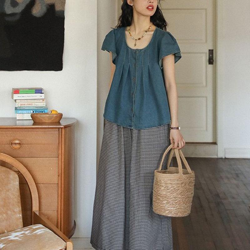 Fashion Folds Vintage Denim Blouse Summer Thin Short Sleeve Women's Clothing Loose Solid Color All-match Casual Round Neck Shirt