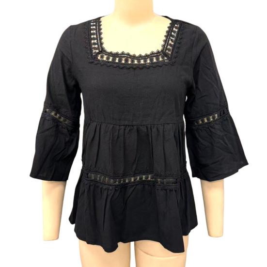 Top da Donna Scollo Quadrato Maniche 3/4 Colore Unito Vestibilità Larga Morbido Elastico Camicetta Design con Intreccio di Pizzo Top Casual per Uso Quotidiano