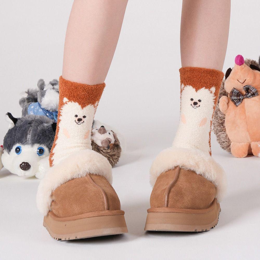 Cute Cartoon Husky Coral Fleece Socks Hedgehog Sweet Sleeping Socks Women Hosiery Funny Thicken Warm Socks Male/Famale