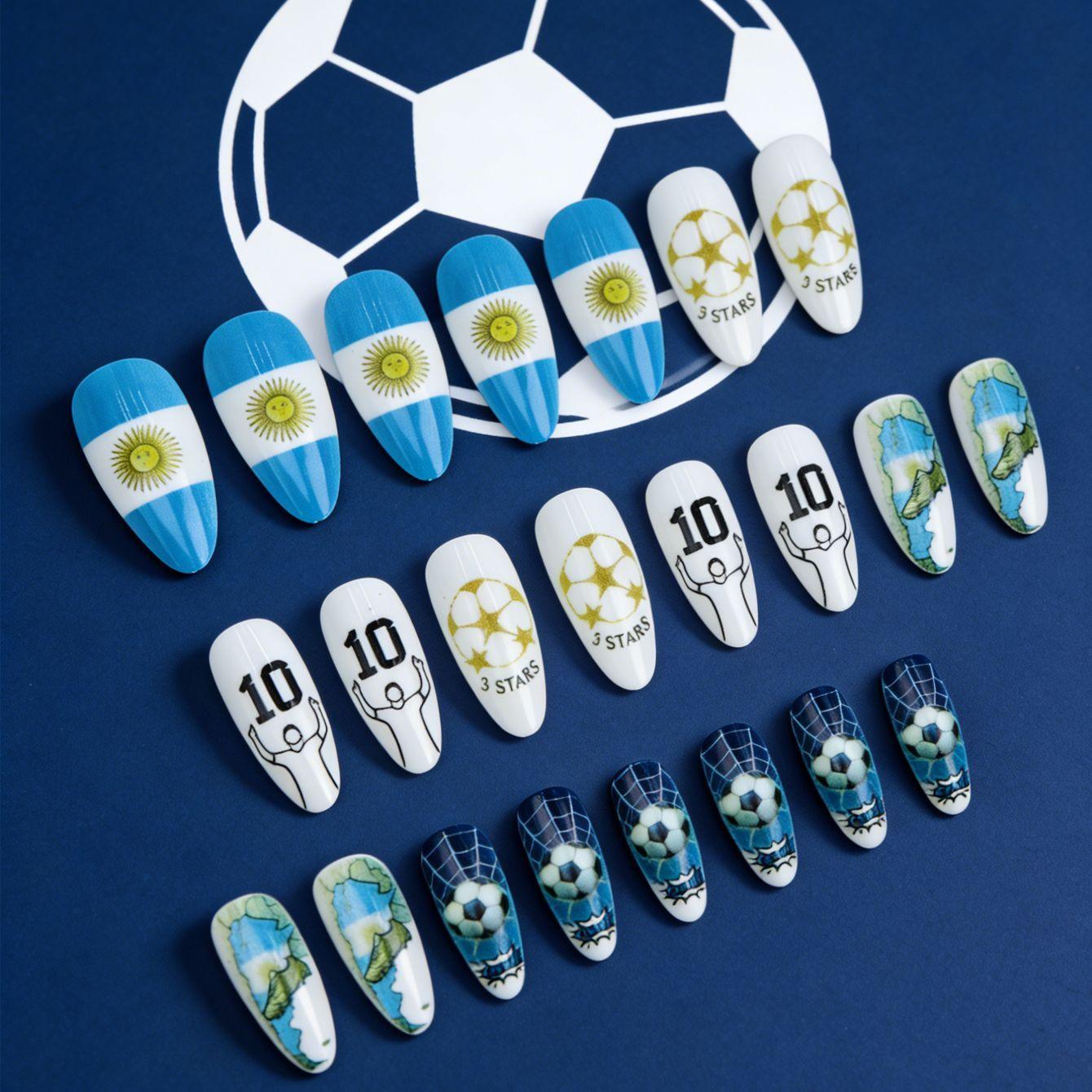 24-piece World Cup-themed Nail Art Set. Football-style Wearable Nails with Detachable Almond-shaped Designs four-piece tool kit