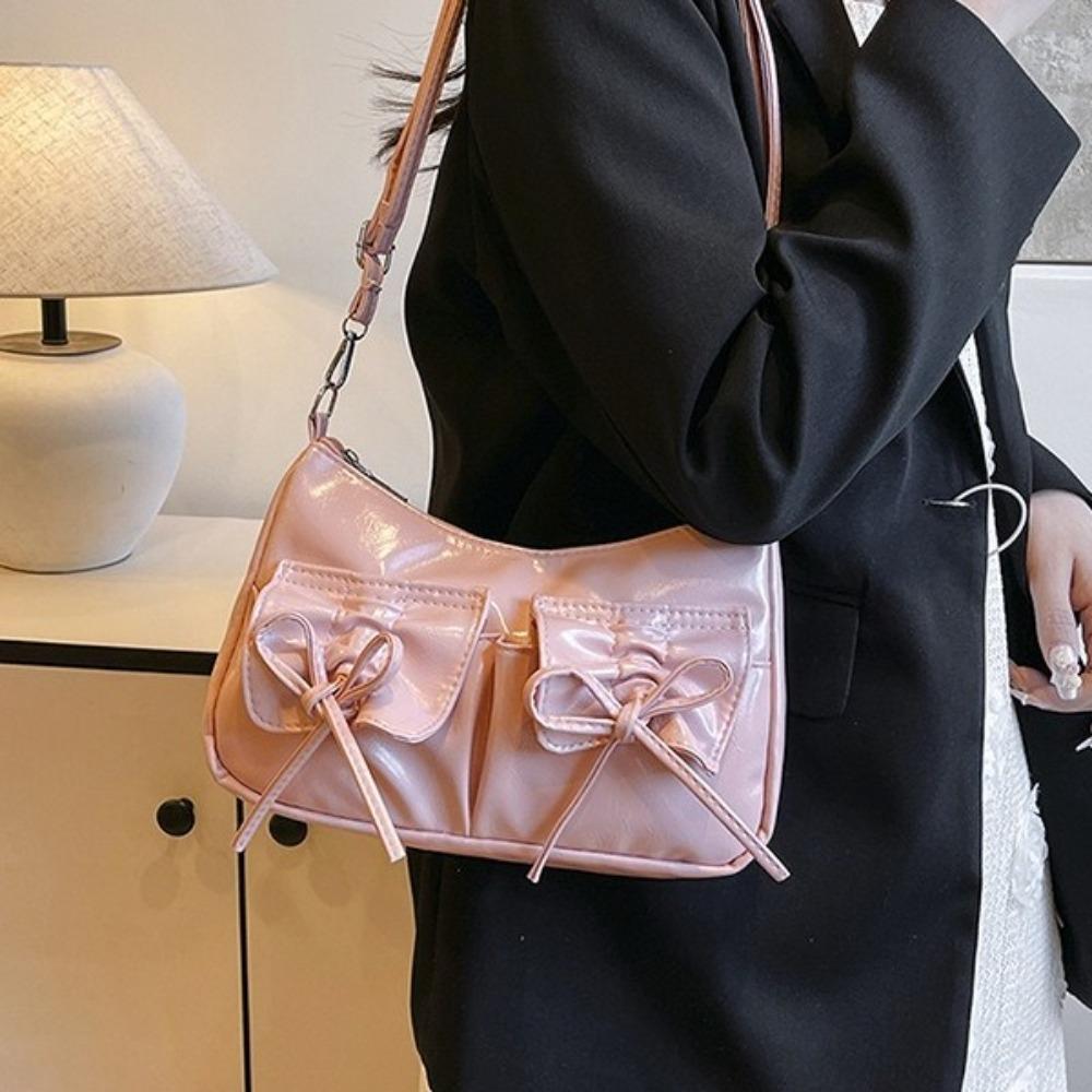 Pleated Bowknot Crossbody Bag Solid Color Pu Dumpling Bag Portable Y2k Shoulder Bag  Dairy