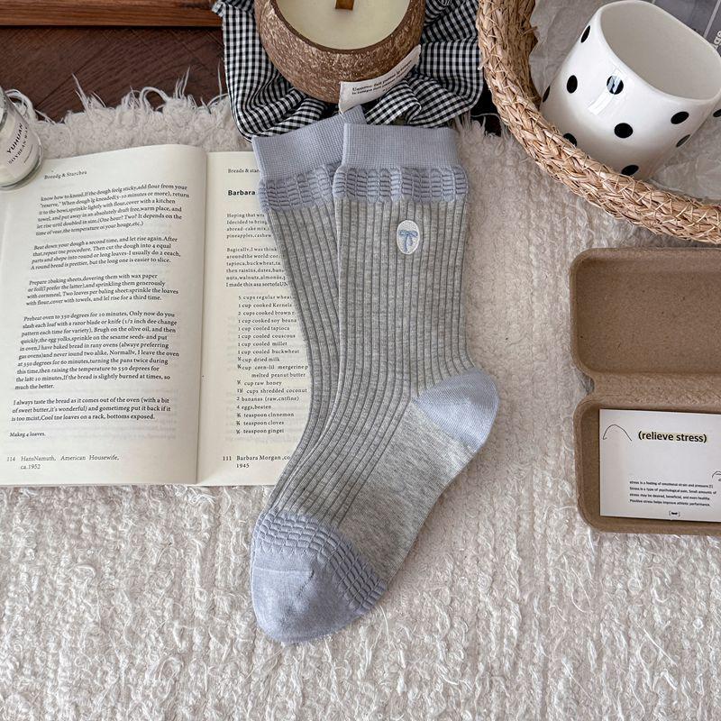 

2026 Korean Style Color Block Bow Embroidery Seamless Women s Cotton Socks - Early Spring Trend. One Size серый