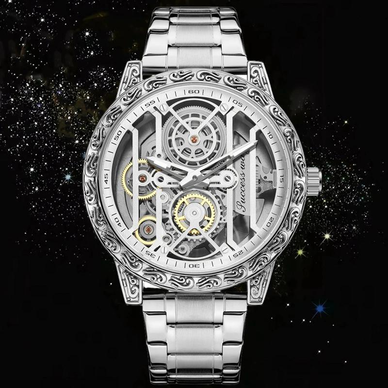 Luxus Retro Skelett Quarz Uhr für Herren Geschnitztes Lünettengehäuse Edelstahl Wasserdicht Leuchtendes Armband für Herren