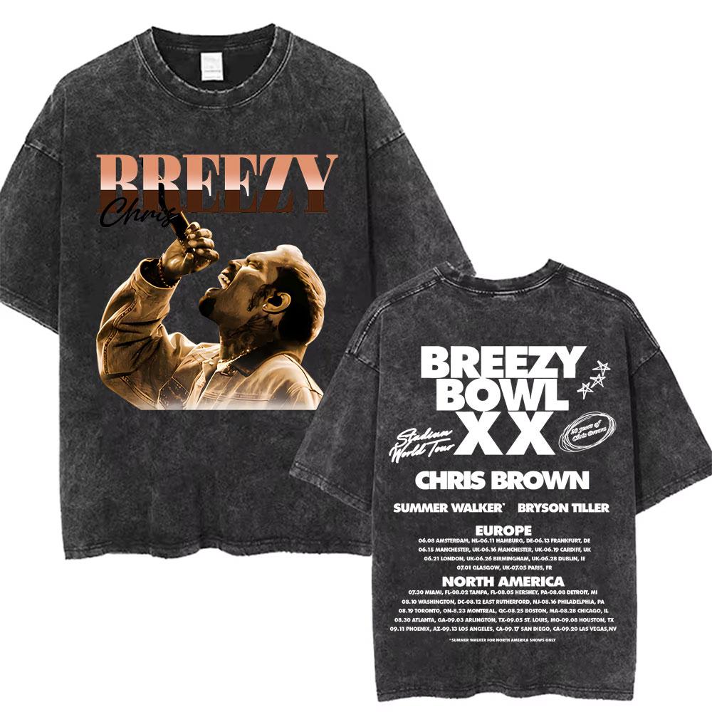 Retro gewaschen Chris Brown Breezy Bowl XX Tour Grafik T-Shirts Herren Hip Hop Mode Freizeit-T-Shirts Unisex Sommer Baumwoll-T-Shirts