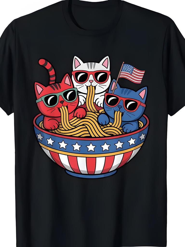 MenS WomenS Funny Patriotic Flag TShirt Red Blue NoodleMunching Cats with Fashion Glasses Spaghetti Bowl Print
